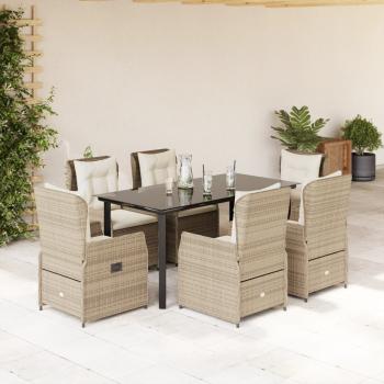ARDEBO.de - 7-tlg. Garten-Essgruppe mit Kissen Beige Poly Rattan