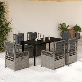 ARDEBO.de - 7-tlg. Garten-Essgruppe mit Kissen Hellgrau Poly Rattan