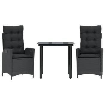 3-tlg. Garten-Essgruppe mit Kissen Schwarz Poly Rattan