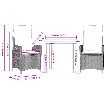 3-tlg. Garten-Essgruppe mit Kissen Schwarz Poly Rattan