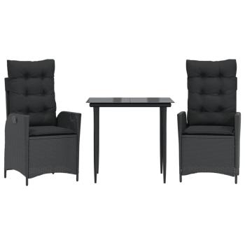 3-tlg. Garten-Essgruppe mit Kissen Schwarz Poly Rattan