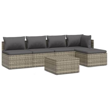 6-tlg. Garten-Lounge-Set mit Kissen Grau Poly Rattan