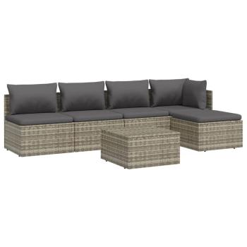 6-tlg. Garten-Lounge-Set mit Kissen Grau Poly Rattan
