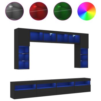 8-tlg. TV-Wohnwand mit LED-Leuchten Schwarz