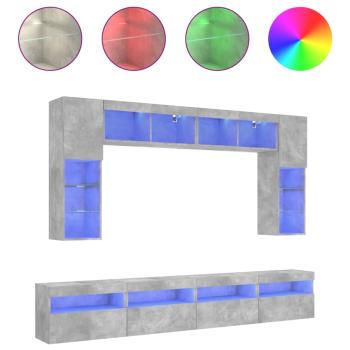 8-tlg. TV-Wohnwand mit LED-Leuchten Betongrau