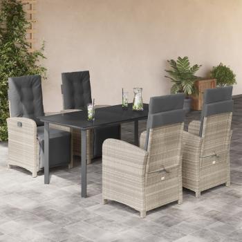 ARDEBO.de - 5-tlg. Garten-Essgruppe mit Kissen Hellgrau Poly Rattan