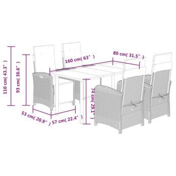 5-tlg. Garten-Essgruppe mit Kissen Hellgrau Poly Rattan