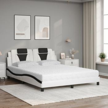Bett mit Matratze Weiß und Schwarz 160x200 cm Kunstleder
