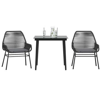 ARDEBO.de - 3-tlg. Garten-Essgruppe mit Kissen Schwarz Poly Rattan Glas