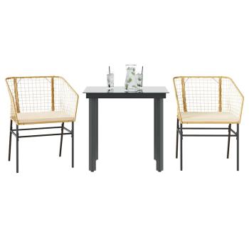 ARDEBO.de - 3-tlg. Garten-Essgruppe mit Kissen Braun Poly Rattan Glas