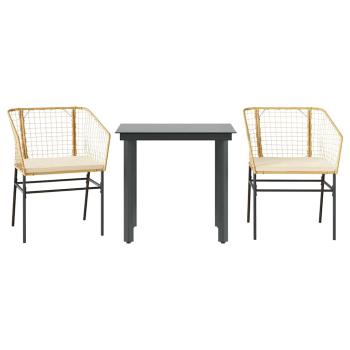 3-tlg. Garten-Essgruppe mit Kissen Braun Poly Rattan Glas