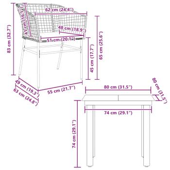 3-tlg. Garten-Essgruppe mit Kissen Braun Poly Rattan Glas