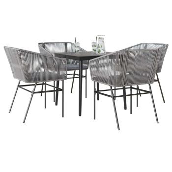 ARDEBO.de - 5-tlg. Garten-Essgruppe mit Kissen Grau Poly Rattan Glas