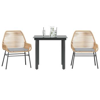 ARDEBO.de - 3-tlg. Garten-Essgruppe mit Kissen Braun Poly Rattan Glas