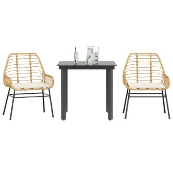 ARDEBO.de - 3-tlg. Garten-Essgruppe mit Kissen Braun Poly Rattan Glas
