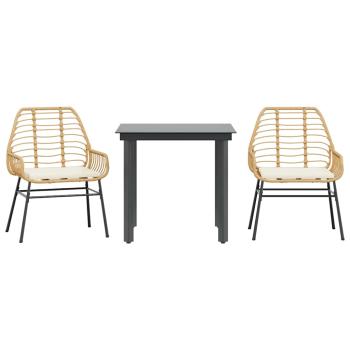 3-tlg. Garten-Essgruppe mit Kissen Braun Poly Rattan Glas