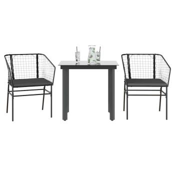 ARDEBO.de - 3-tlg. Garten-Essgruppe mit Kissen Schwarz Poly Rattan Glas
