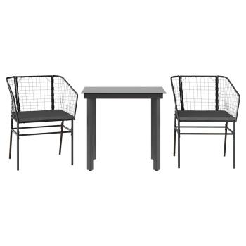 3-tlg. Garten-Essgruppe mit Kissen Schwarz Poly Rattan Glas