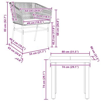 3-tlg. Garten-Essgruppe mit Kissen Braun Poly Rattan Glas