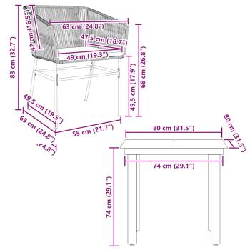 3-tlg. Garten-Essgruppe mit Kissen Schwarz Poly Rattan Glas
