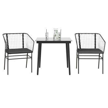 ARDEBO.de - 3-tlg. Garten-Essgruppe mit Kissen Schwarz Poly Rattan Glas