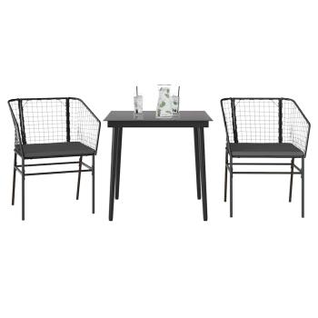 3-tlg. Garten-Essgruppe mit Kissen Schwarz Poly Rattan Glas