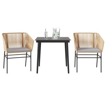 ARDEBO.de - 3-tlg. Garten-Essgruppe mit Kissen Braun Poly Rattan Glas