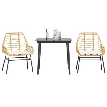 ARDEBO.de - 3-tlg. Garten-Essgruppe mit Kissen Braun Poly Rattan Glas