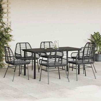 7-tlg. Garten-Essgruppe mit Kissen Schwarz Poly Rattan Glas