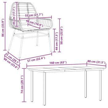 5-tlg. Garten-Essgruppe mit Kissen Braun Poly Rattan Glas