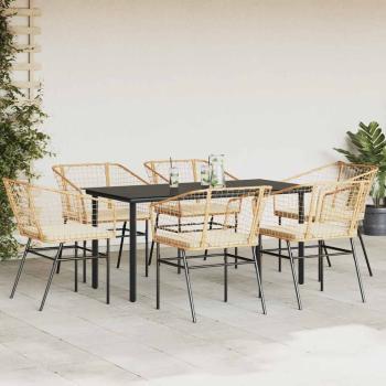 7-tlg. Garten-Essgruppe mit Kissen Braun Poly Rattan Glas