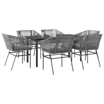ARDEBO.de - 7-tlg. Garten-Essgruppe mit Kissen Grau Poly Rattan Glas