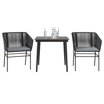 ARDEBO.de - 3-tlg. Garten-Essgruppe mit Kissen Schwarz Poly Rattan Glas