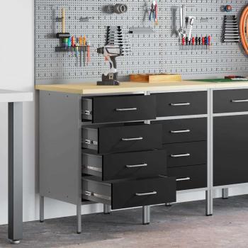 ARDEBO.de - Werkbank 2er Set Schwarz und Grau aus Holzwerkstoff und Stahl