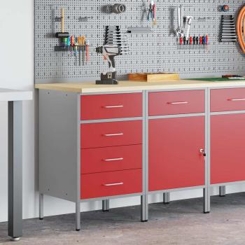 2-teiliges Werkstatt-Schränkeset in Rot und Grau, aus Holzwerkstoff und Stahl