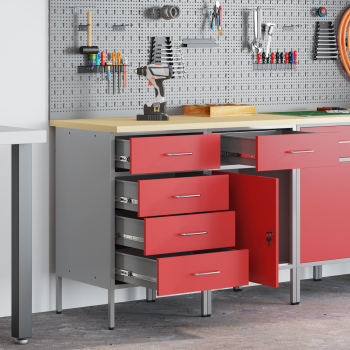 2-teiliges Werkstatt-Schränkeset in Rot und Grau, aus Holzwerkstoff und Stahl