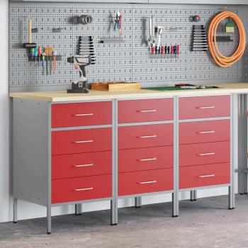 Werkbank 3er Set Rot und Grau aus Tischlerplatte und Stahl