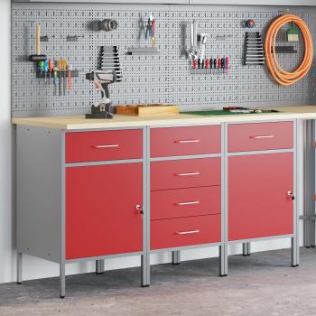 Werkbank mit Schubladen 3 Stk. Rot und Grau 150 x 55 x 85 cm