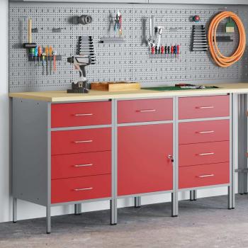 ARDEBO.de - 3-teiliges Werkbank-Schrank-Set in Rot und Grau aus Holzwerkstoff und Stahl