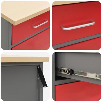 3-teiliges Werkbank-Schrank-Set in Rot und Grau aus Holzwerkstoff und Stahl