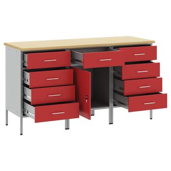 3-teiliges Werkbank-Schrank-Set in Rot und Grau aus Holzwerkstoff und Stahl