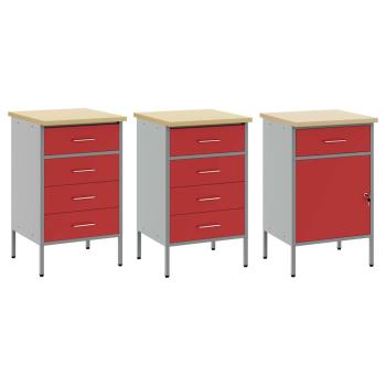 3-teiliges Werkbank-Schrank-Set in Rot und Grau aus Holzwerkstoff und Stahl