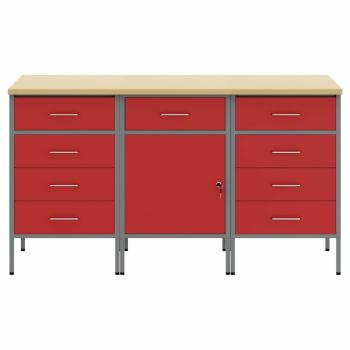 3-teiliges Werkbank-Schrank-Set in Rot und Grau aus Holzwerkstoff und Stahl