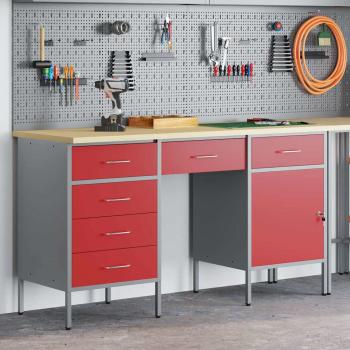 ARDEBO.de - 3-teiliges Werkstatt- und Tischset in Rot aus beschichtetem Holz und Stahl