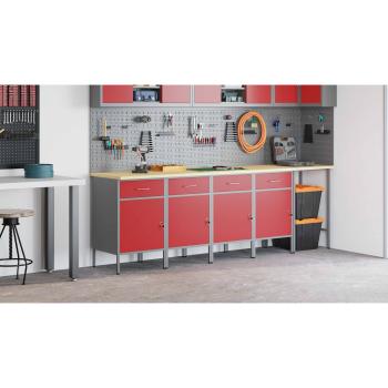 Werkbank 4-teilig in Rot und Grau aus Holzwerkstoff und Stahl