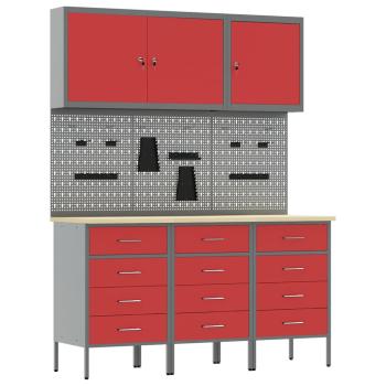 8-teiliges Werkstattschrank- und Pegboard-Set in Rot aus MDF und Metall