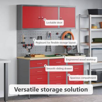 8-teiliges Werkstattschrank- und Pegboard-Set in Rot aus MDF und Metall