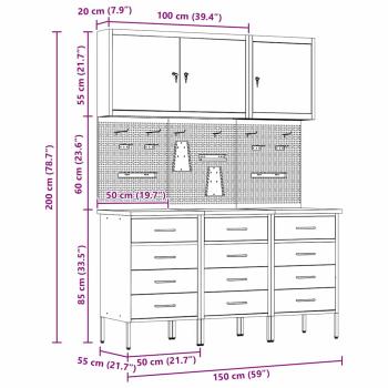 8-teiliges Werkstattschrank- und Pegboard-Set in Rot aus MDF und Metall