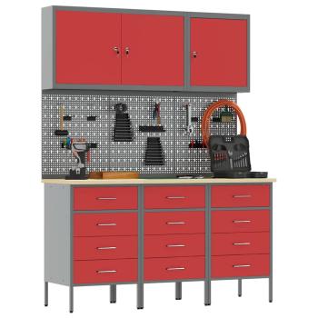 8-teiliges Werkstattschrank- und Pegboard-Set in Rot aus MDF und Metall