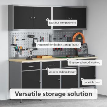 10-teiliges Arbeitskabinet und Pegboard-Set in Schwarz aus MDF und Metall